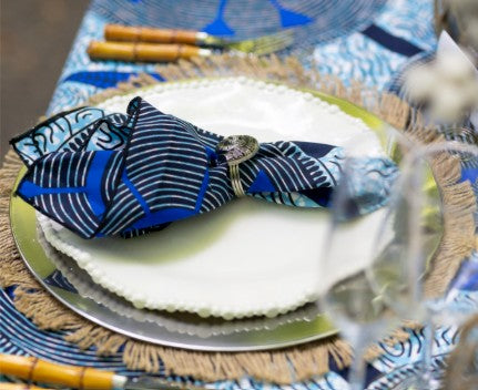 Blue Geometric Print Linen Napkins