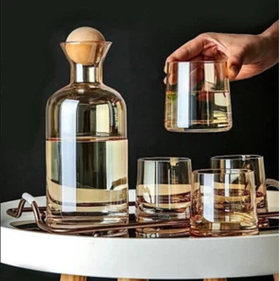Glass Carafe with Wooden Ball Lid- 5pcs Set