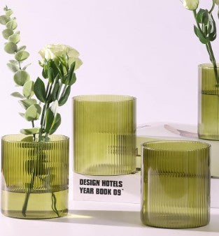 Green Ribbed Cylinder Vase Set