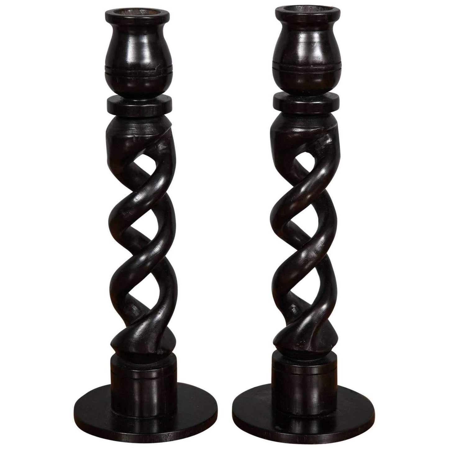 Pair of African Twisted Ebony Wood Candle Holder