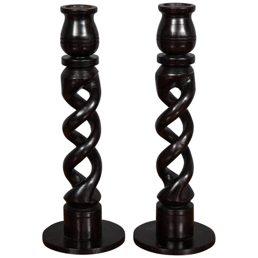 Pair of African Twisted Ebony Wood Candle Holder