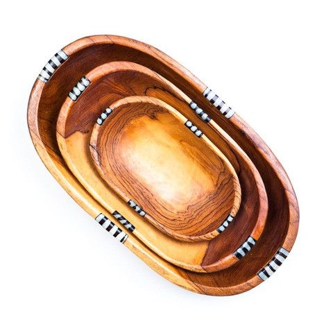 Oval Wooden African Bowl Set with Batik Bone